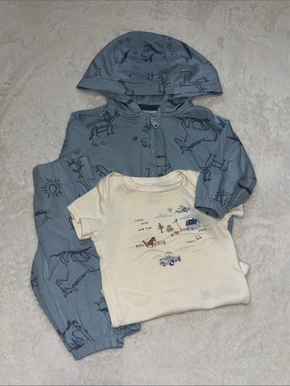 Carters Blue Hooded farm Amimal Print Kids Hoodie & Cream Bodysuit Set